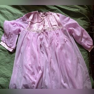 1950s Pink Long Chiffon Nightgown with Embroidered Waist